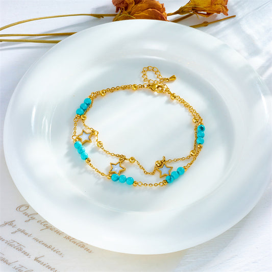 Cavigliera Stratificata Irregolare in Acciaio Inossidabile Stile Fashion Retrò Minimalista con Ciondolo a Stella e Catena di Perline