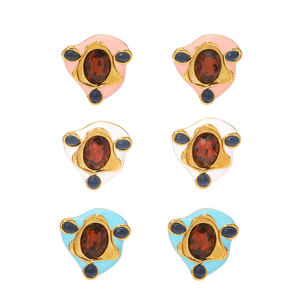 Orecchini da donna in acciaio inossidabile placcato oro 18 carati con zirconi colorati, design geometrico irregolare in stile vintage