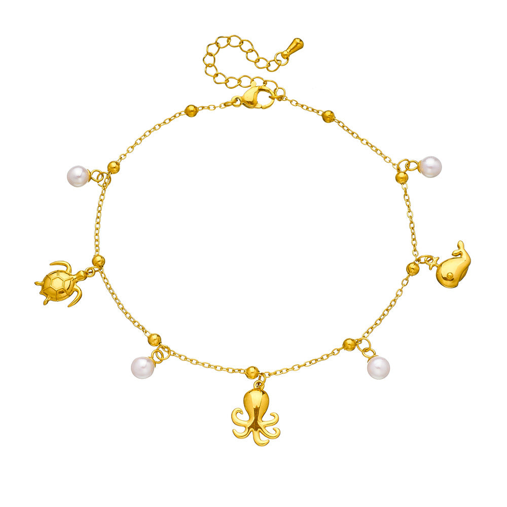 Minimalist Stainless Steel Starfish Turtle Animal Pearl Anklet for Women