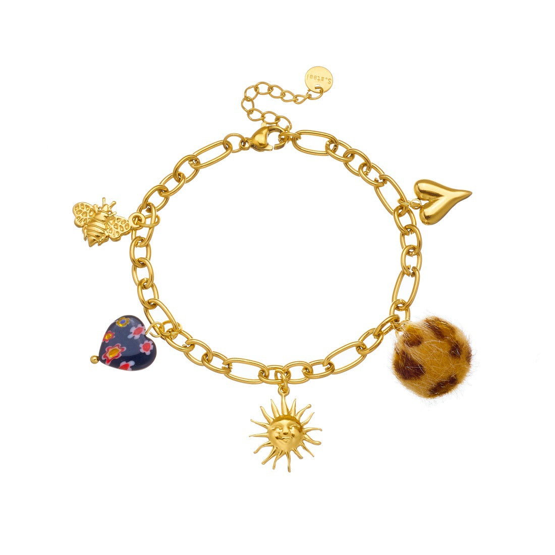 Vintage Leopard Print Floral Heart Round Gold Plated Stainless Steel Bracelet