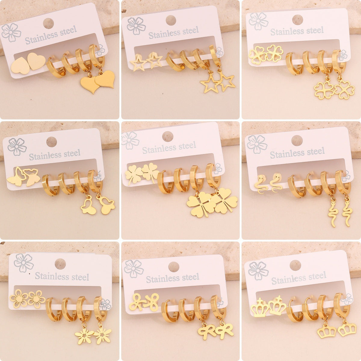 Set di orecchini alla moda in acciaio inossidabile placcato con cuore, farfalla, corona e motivi floreali, stile OL