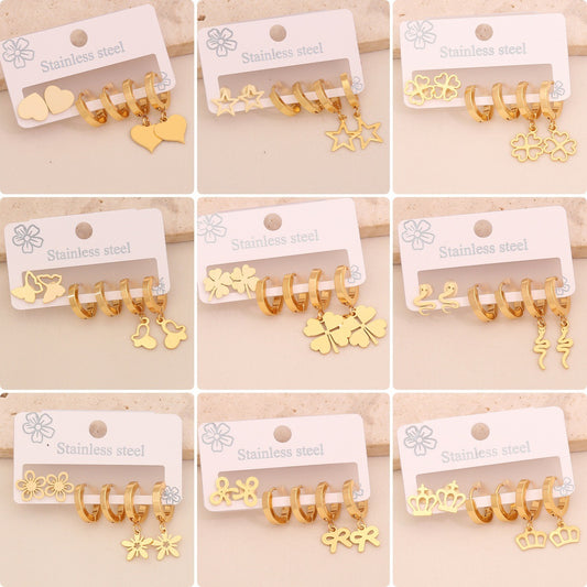 Juego de Aretes de Acero Inoxidable de Estilo OL a la Moda con Corazón, Mariposa, Corona y Florales, con Acabado Galvanizado