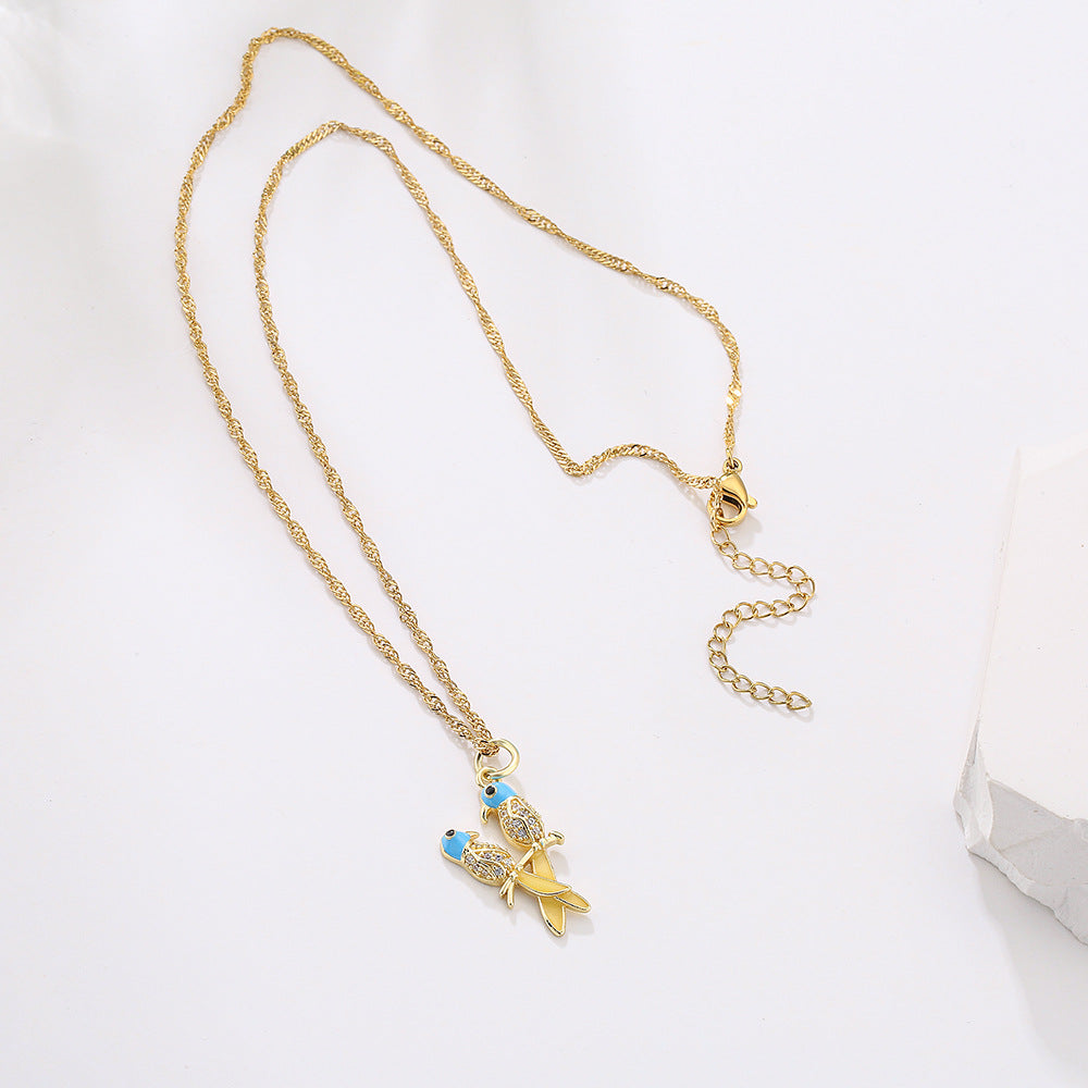Vintage 18K Gold Plated Enamel Zircon Love Bird Geometric Pendant Necklace for Women