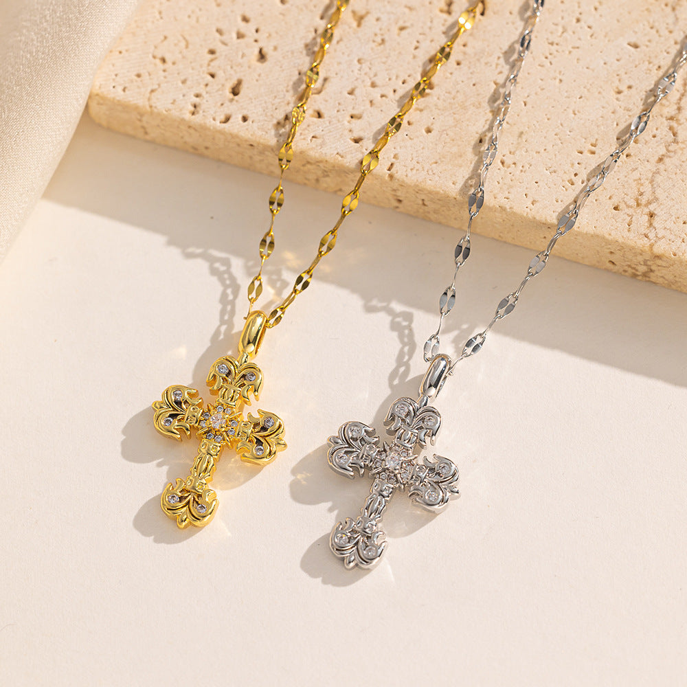 Collana con ciondolo a croce in stile vintage in acciaio al titanio con finitura dorata galvanizzata su catena a O per donna
