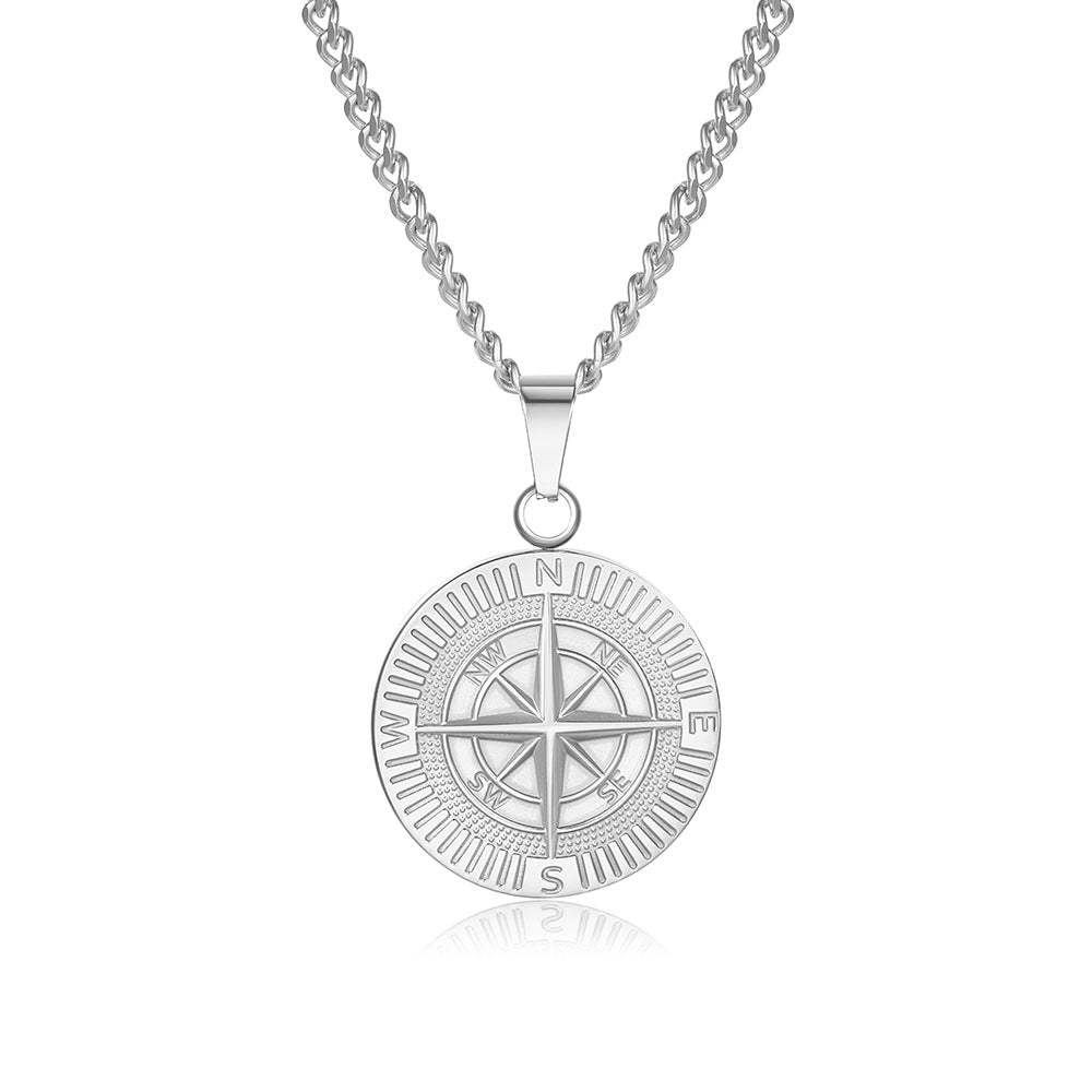 Punk Hip-hop Round Geometric Compass Coin Pendant Titanium Steel Necklace Cuban Link Chain for Men