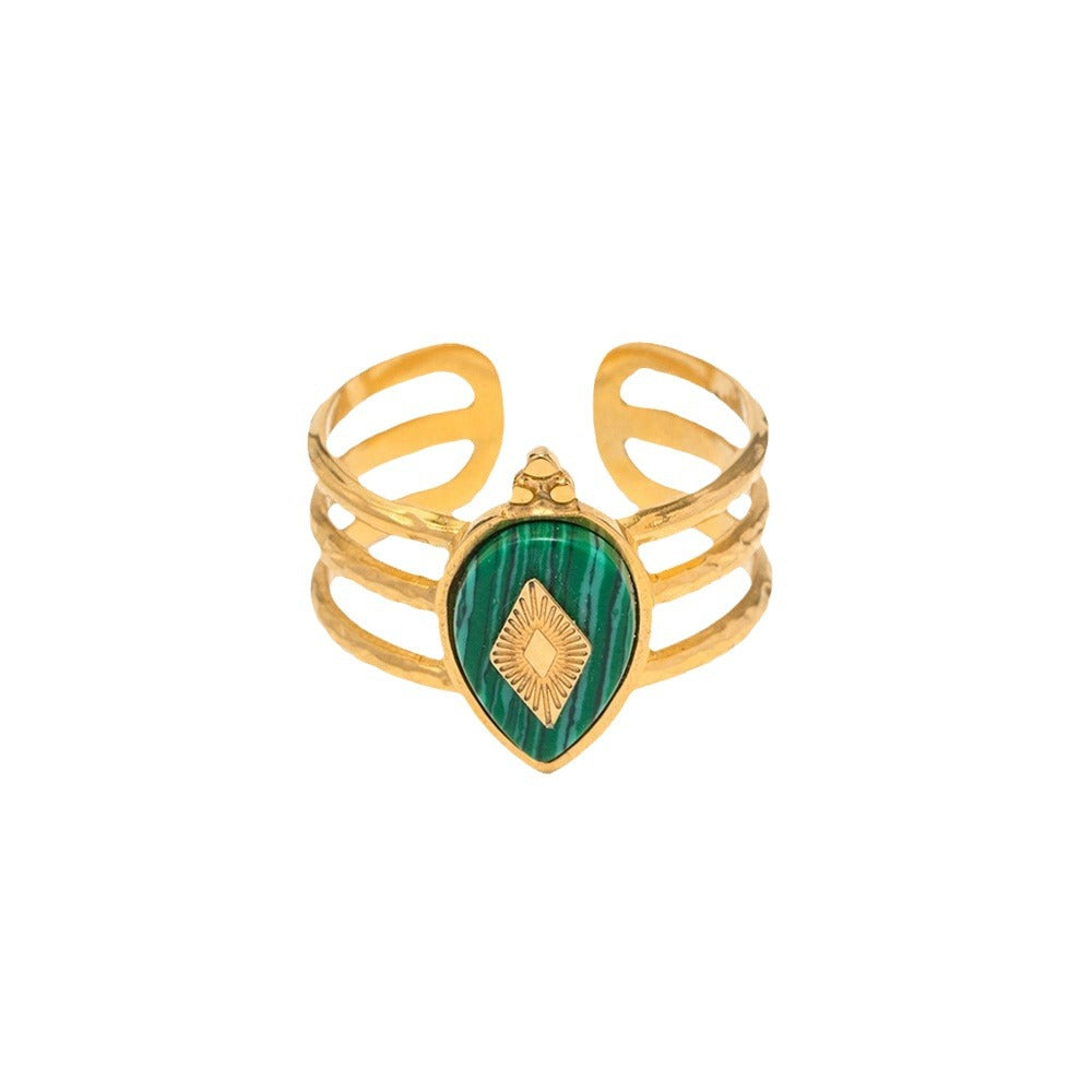 Anello minimalista geometrico in acciaio inossidabile con placcatura in oro 18 carati e malachite naturale per donna