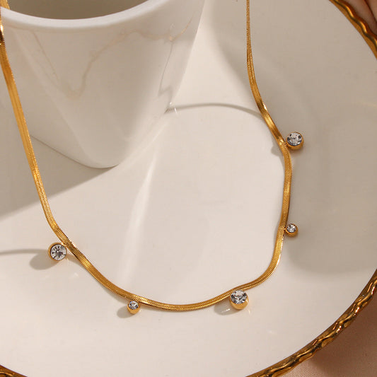 Fashion Vintage 18K Gold Plated Stainless Steel Geometric Round Zircon Flat Snake Chain Necklace for Women