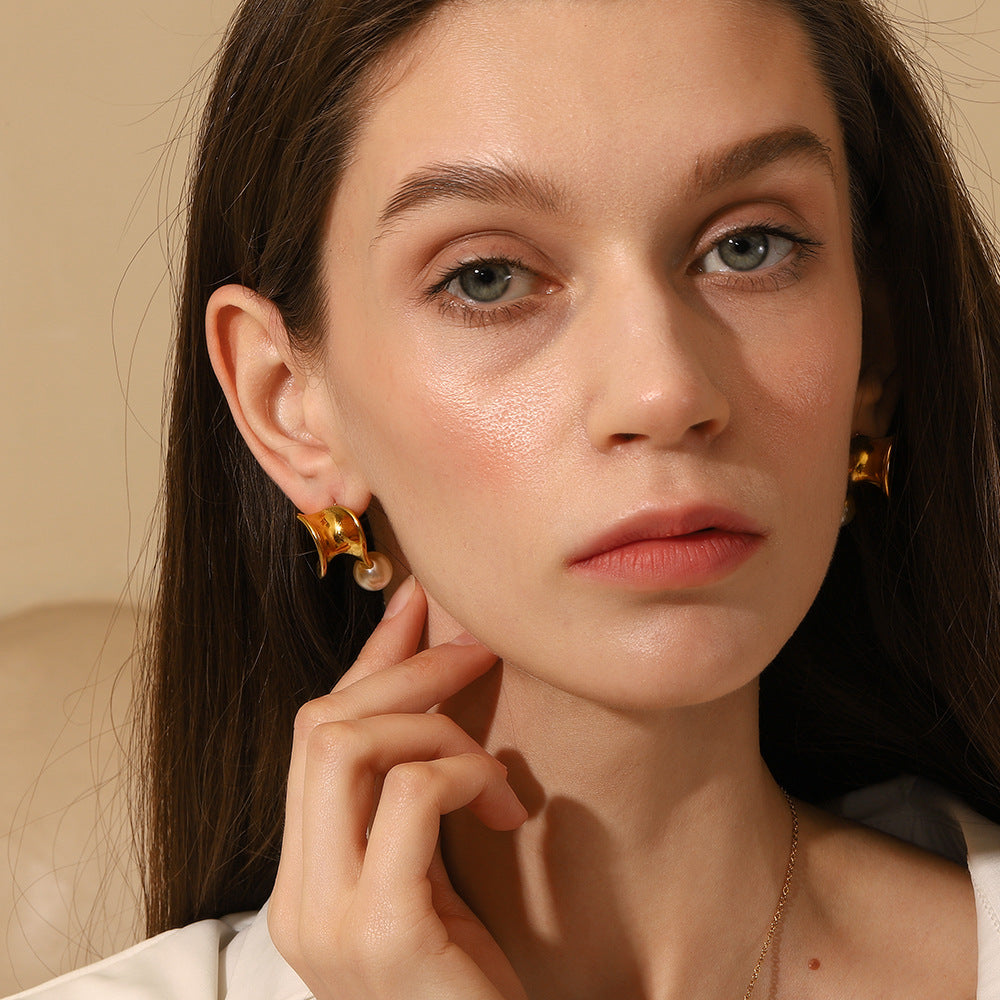 Elegant Geometric Stainless Steel Earrings with 18K Gold Plating and Twisted Pearl Accent for Women