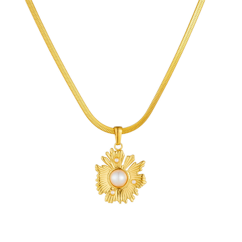 Elegant Business Gold Plated Geometric Stainless Steel Sunflower Freshwater Pearl Pendant Necklace with Serpentine Chain