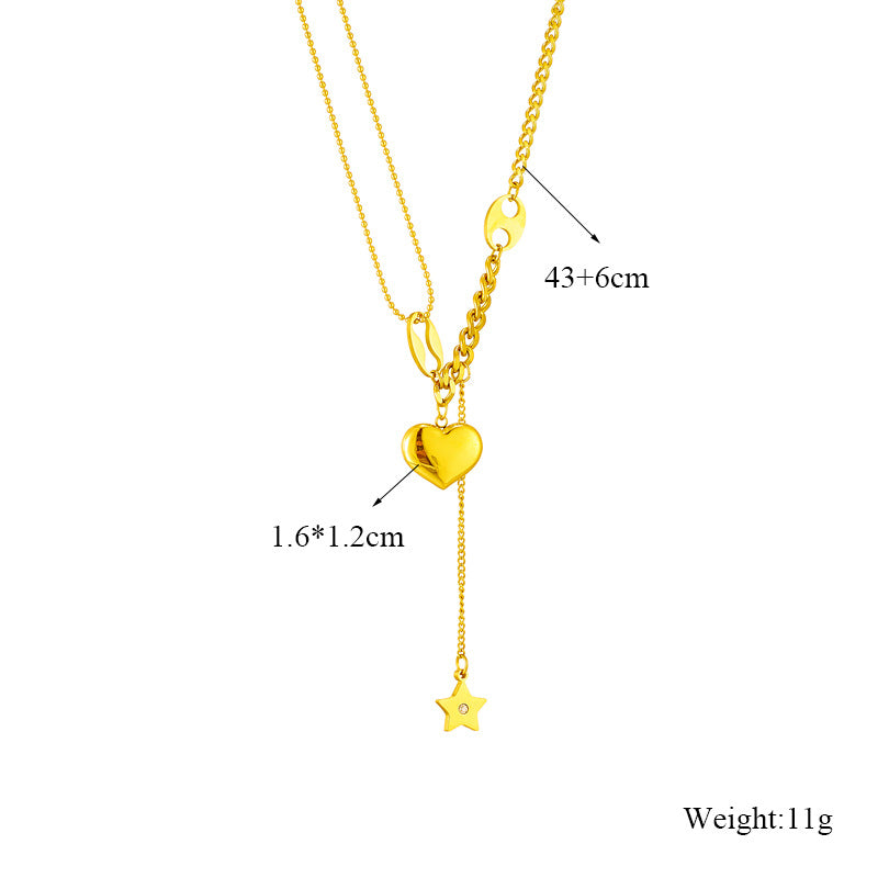 Minimalist 3D Heart and Star Pendant Stainless Steel Necklace for Women