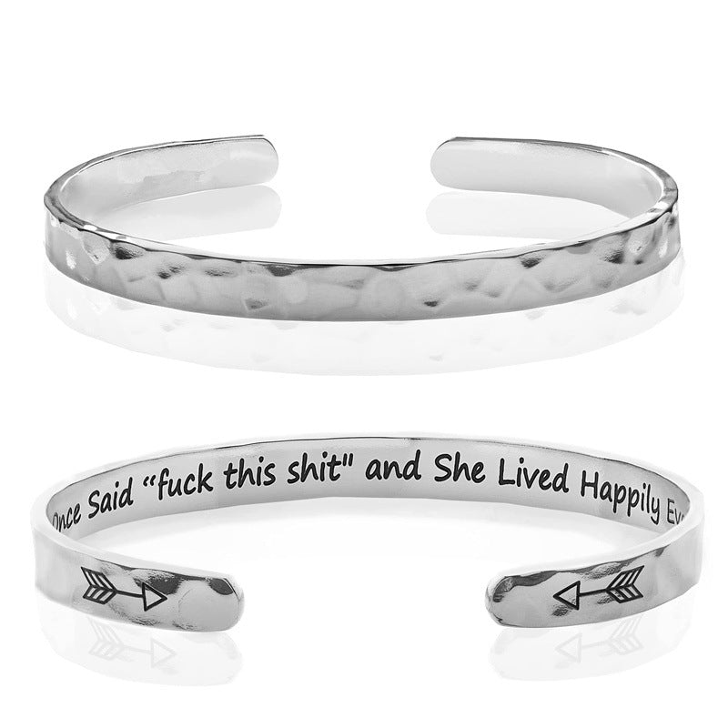 Minimalist Stainless Steel Engraved Open Moon Surface Textured Hammered Bracelet