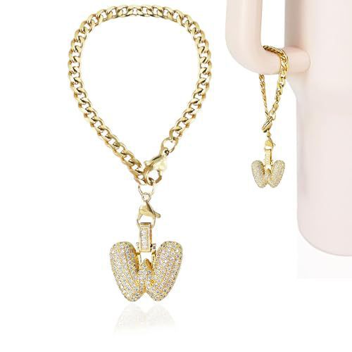 Cubic Zirconia Inlaid Brass Letter Charm Bar with Plated Finish