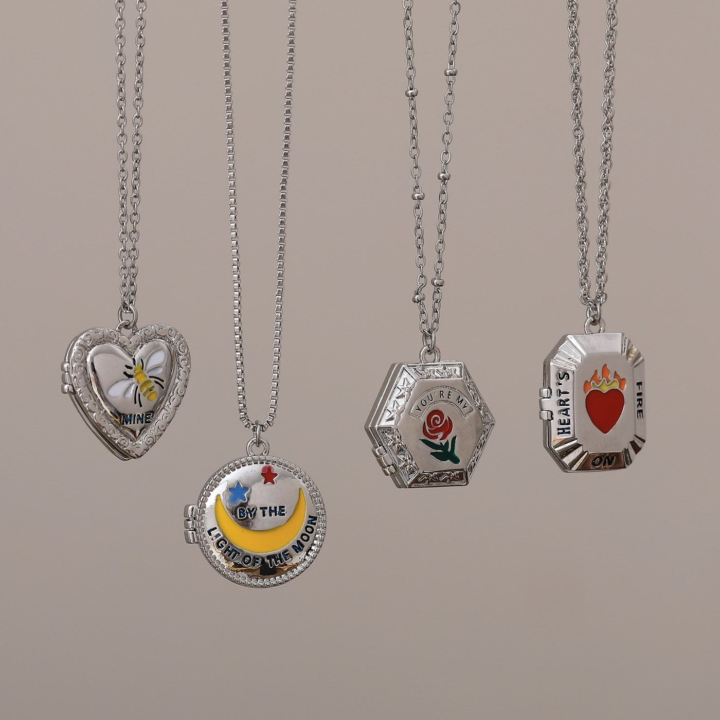 Y2K Style Moon and Rose Pendant Necklace for Women with Enamel Detailing on Copper Base Geometric Design