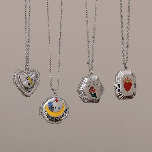 Y2K Style Moon and Rose Pendant Necklace for Women with Enamel Detailing on Copper Base Geometric Design