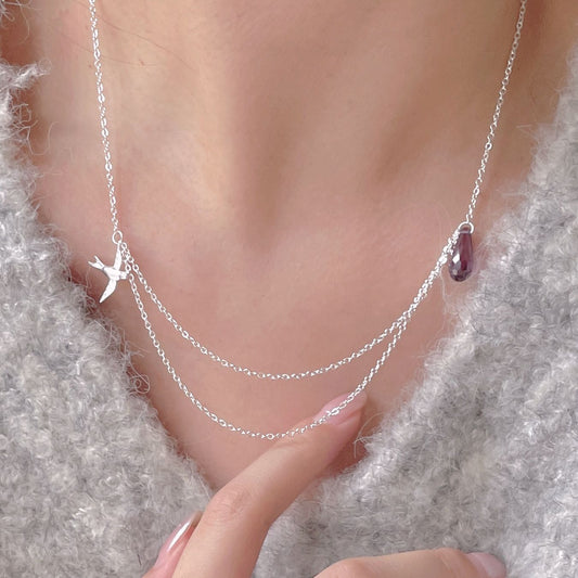 Minimalist Swallow Pendant Necklace in 925 Sterling Silver with Geometric Accents