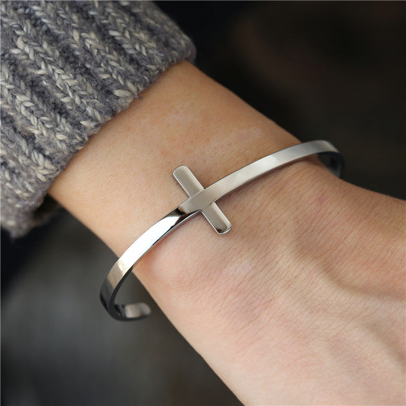 Minimalist Geometric Stainless Steel Open Cuff Bracelet for Men and Women with Polished Finish