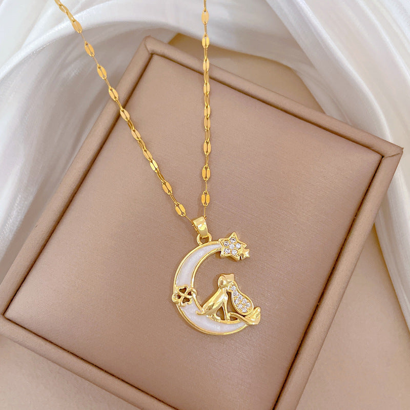Minimalist Moon-Shaped Titanium Steel Necklace with Zircon Inlay for Women and Men, Delicate Clavicle Chain