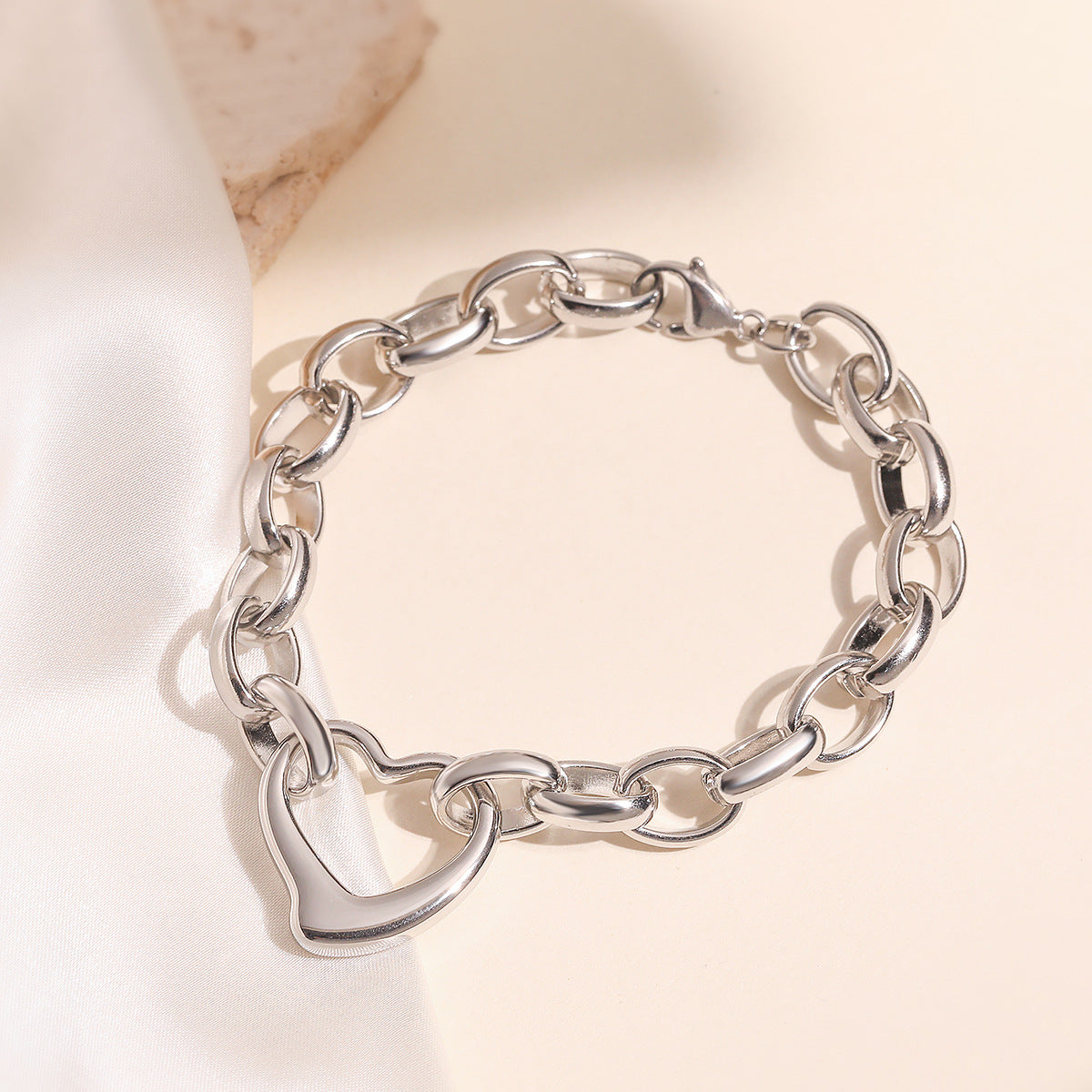 Minimalist Hip-hop Heart Stainless Steel Plated Necklace and Bracelet Set for Women