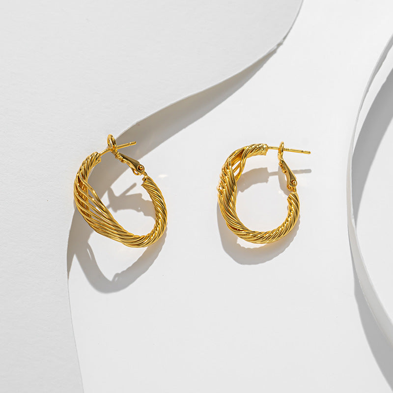 Geometric Twisted C-Shape Titanium Steel Earrings for Women with Vacuum Electroplating Finish