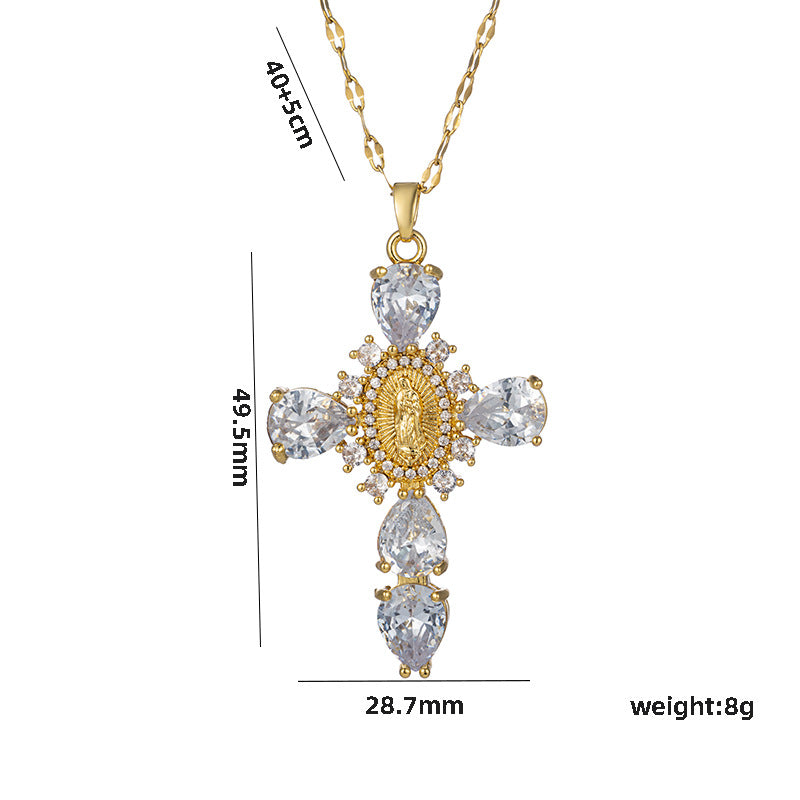 Chic Geometric Cross Pendant Necklace for Women Titanium Steel with Micro-Pave Zirconia Locket Chain