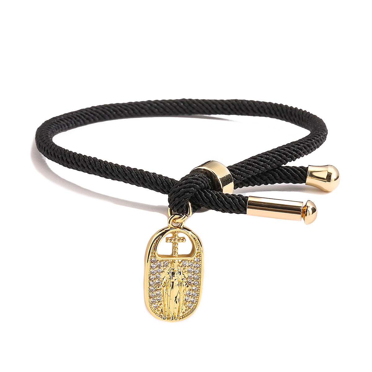 Bracciale da donna alla moda con ciondolo a croce geometrica, regolabile con coulisse, placcato oro e intarsio di zirconi