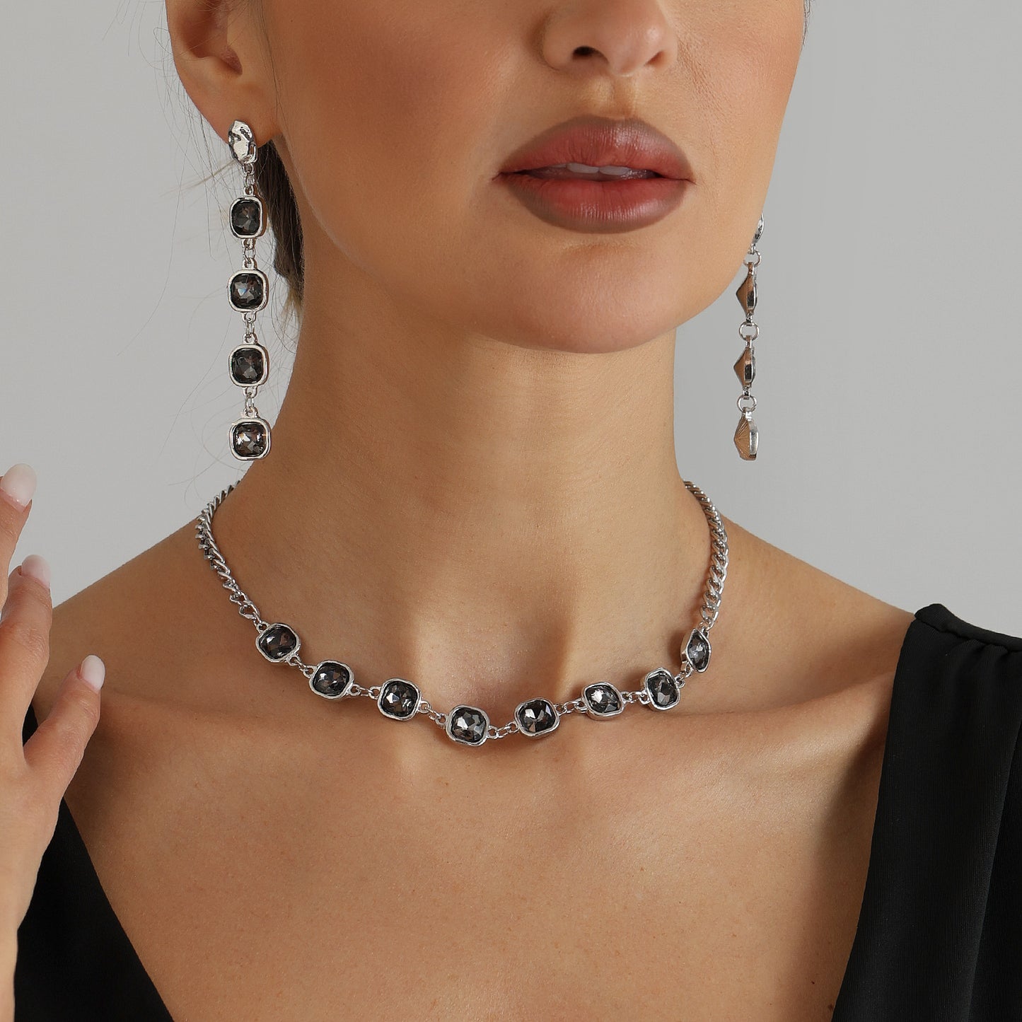 Luxury Elegant Geometric Square Rhinestone Plated Alloy Necklace Earrings Set