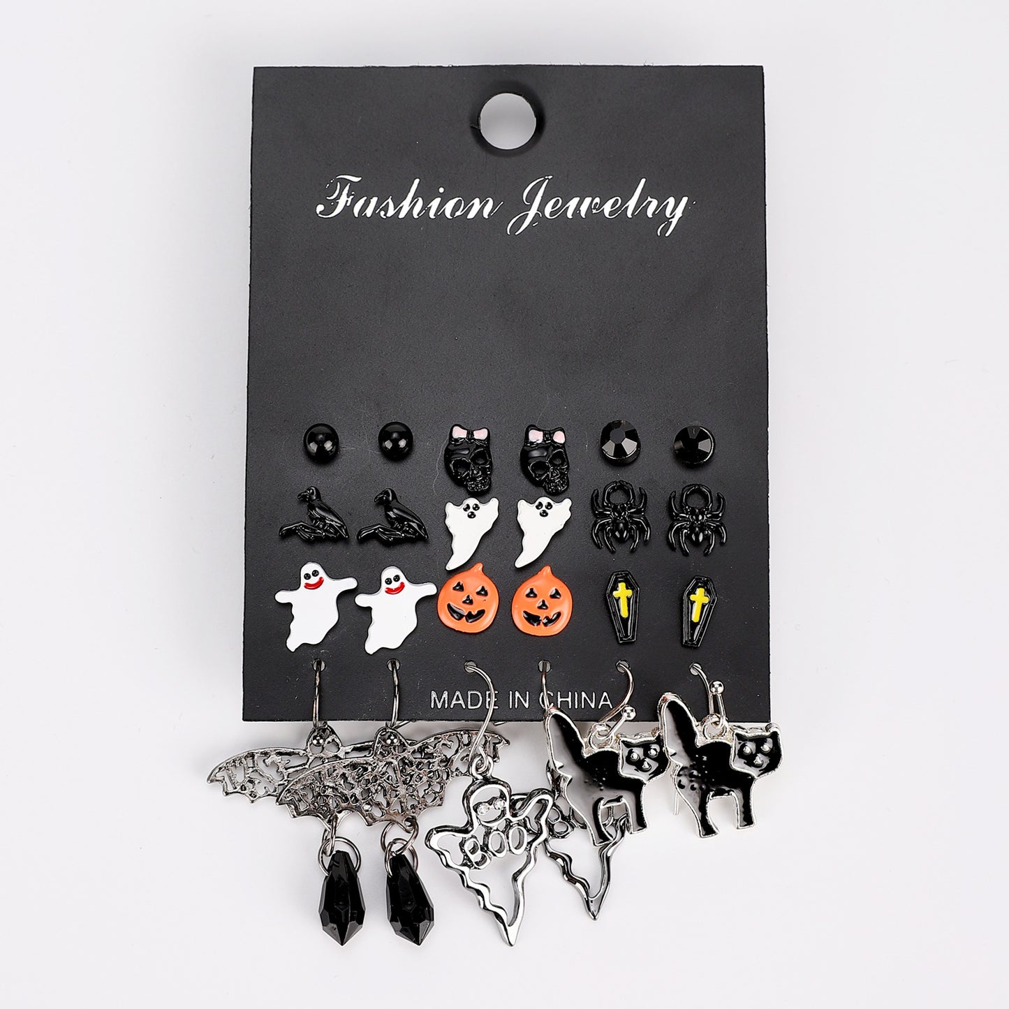 Orecchini a perno da donna a tema Halloween con corvo, strega, zucca e teschio, in lega di metallo galvanizzata, orecchini alla moda geometrici