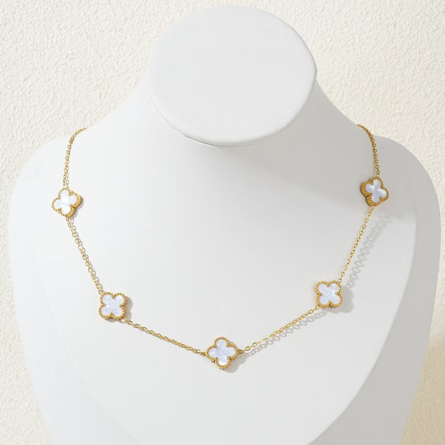 Elegant 9mm Four-Leaf Clover Floral Acrylic Pendant Gold Plated Titanium Steel Necklace for Women