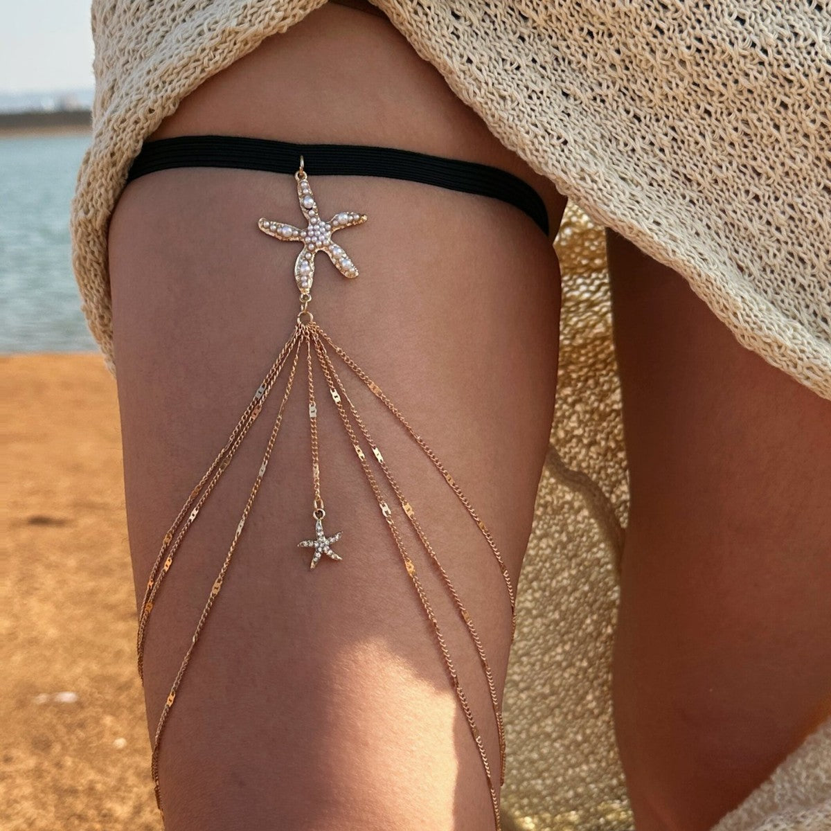 Casual Marine Starfish Alloy Plated Leg Chain with Tassel and Elastic Band