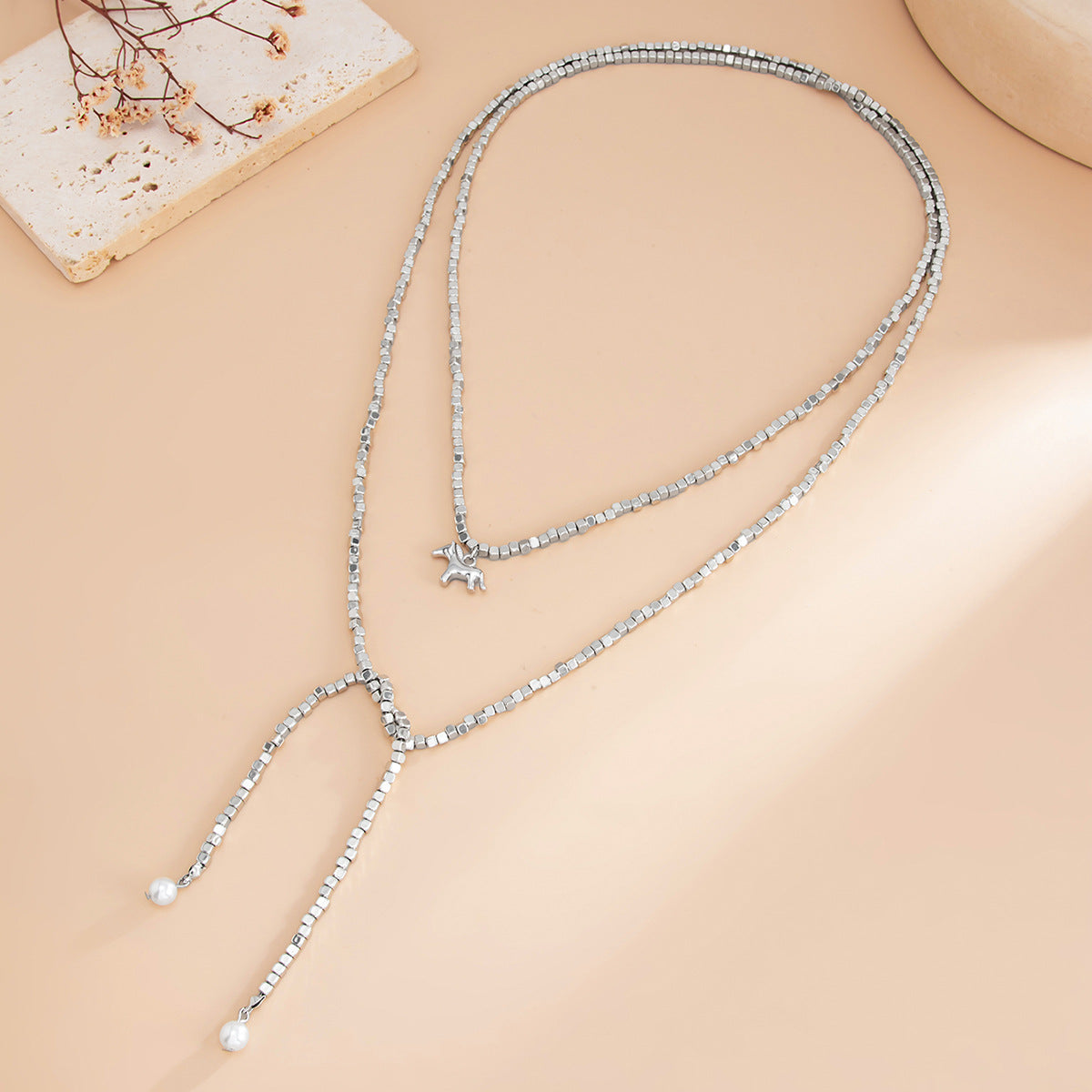 Sweet Square Resin Bead Zinc Alloy Horse Pendant Y-Shape Long Necklace for Women