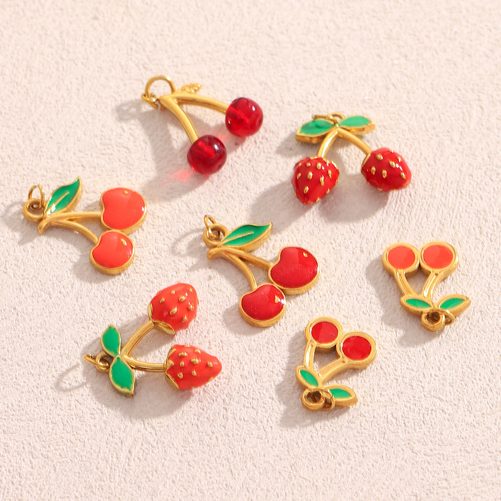 18K Gold Plated Drip Oil Stainless Steel Fruit Cherry Strawberry Charm Bar