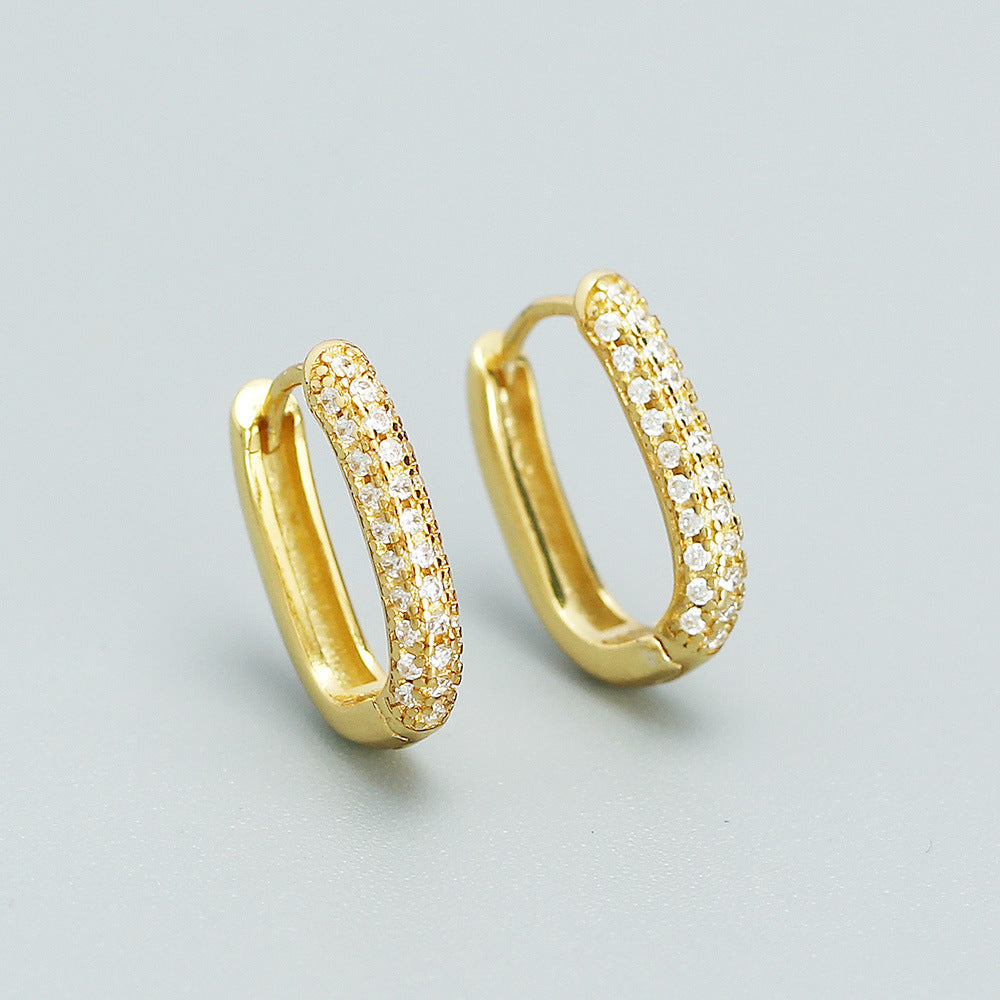 Minimalist 925 Sterling Silver Geometric Hoop Earrings with Cubic Zirconia Inlay