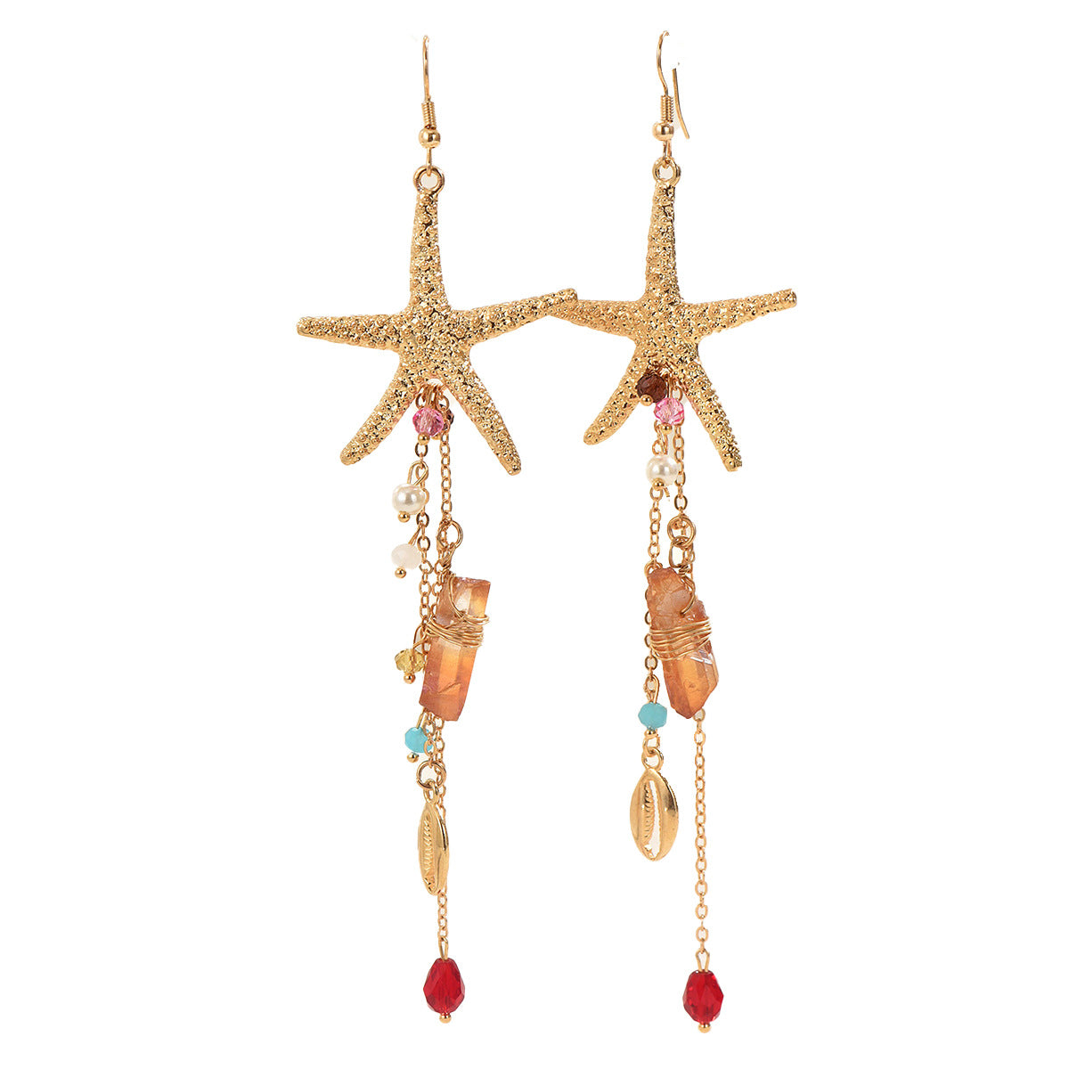 Pendientes largos de aleación de zinc con forma de estrella, elegantes, con incrustaciones de diamantes de imitación y detalles de concha para mujer
