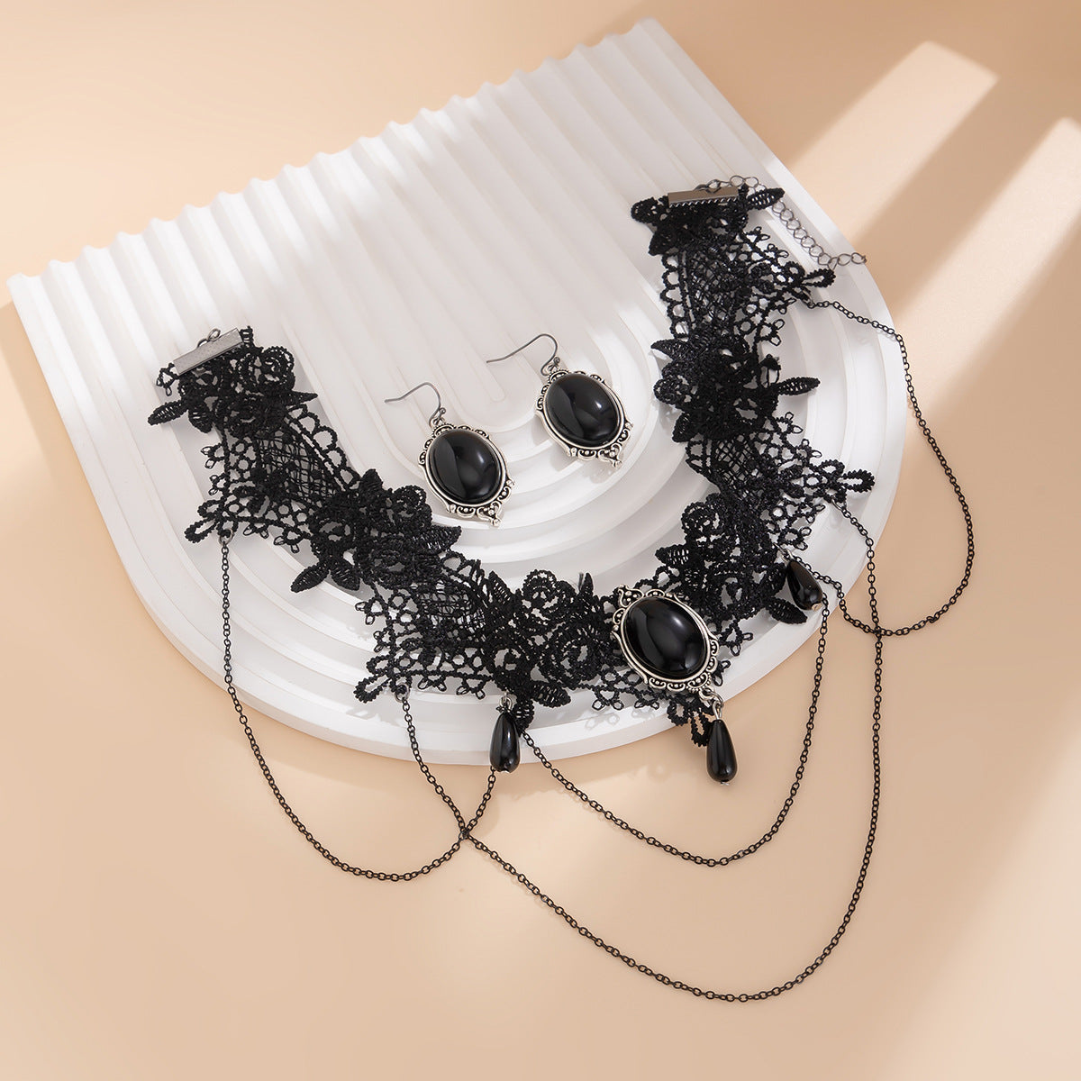 Gothic Moon Alloy Plated Necklace Set with Lace Tassel Choker for Women