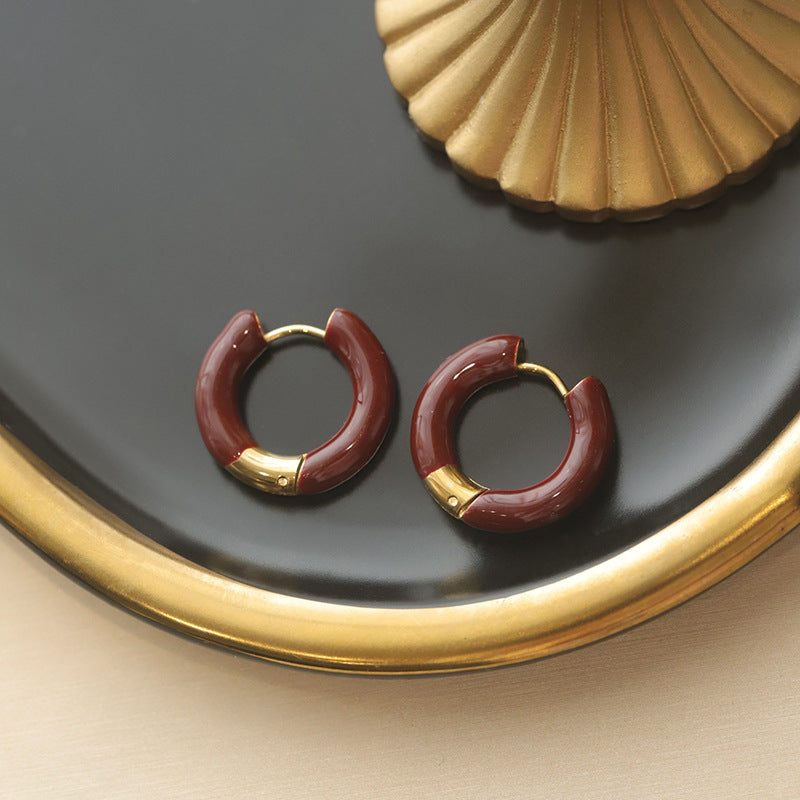 Pendientes de aro en forma de U de acero titanio esmaltado retro francés elegante para mujer en azul esmeralda y burdeos