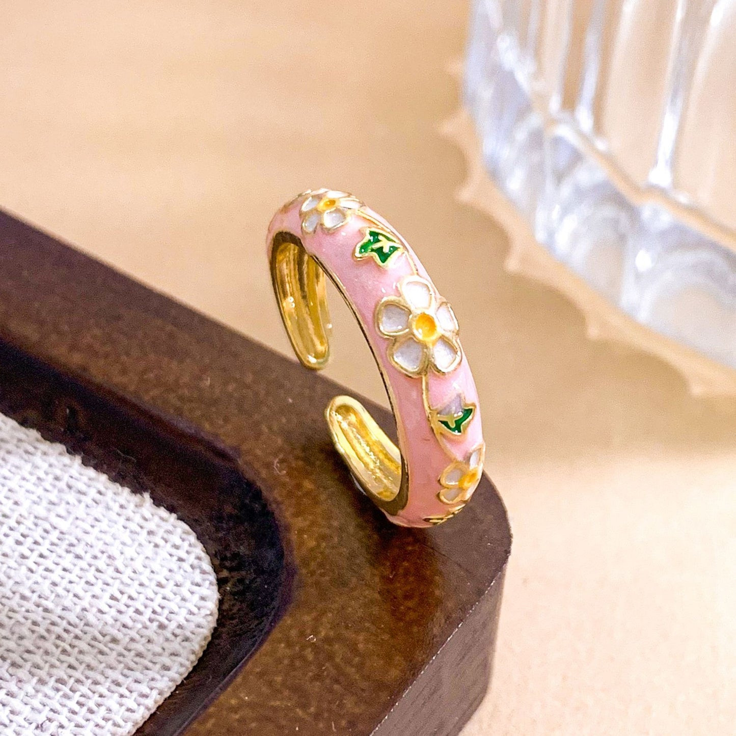 Vintage Sweet Enamel Floral Gold Plated Brass Ring for Women