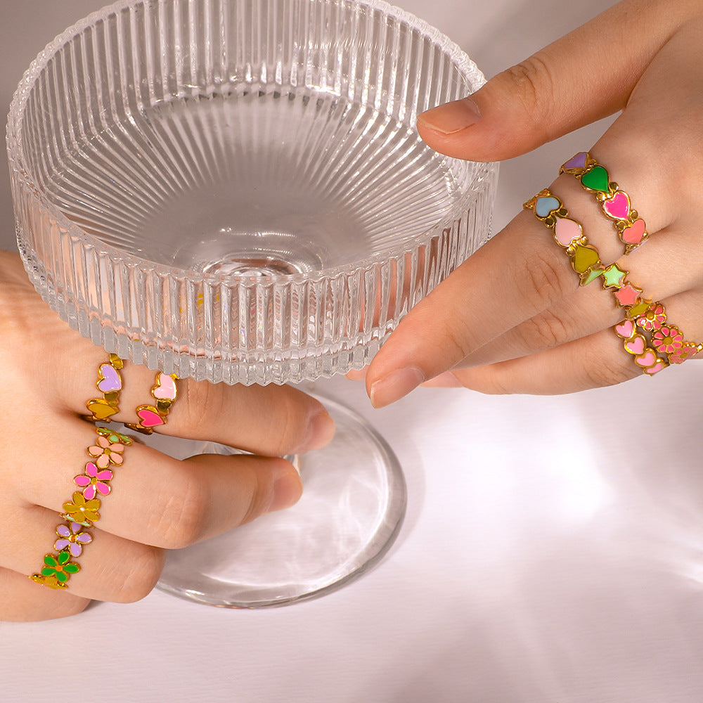 Bohemian Adjustable Stainless Steel Ring with Enamel Floral and Heart Design for Women