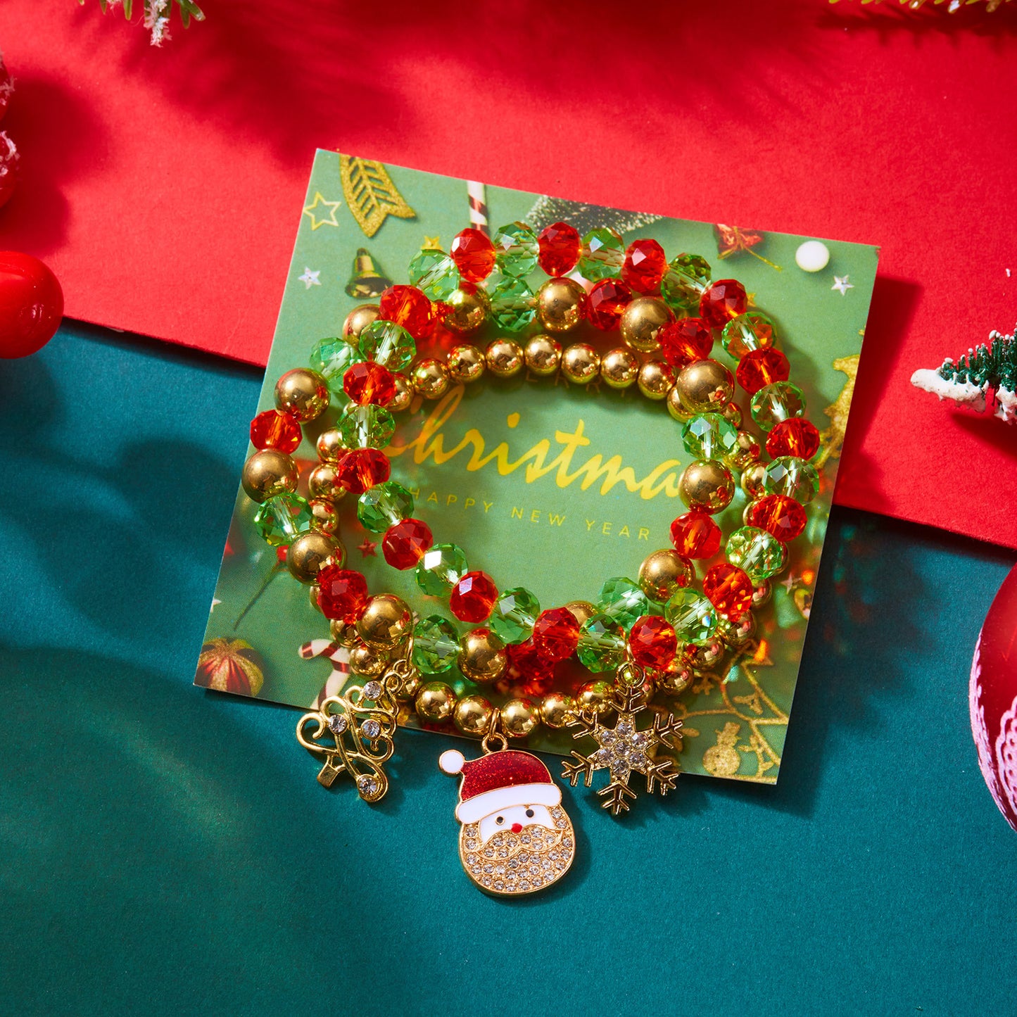 Braccialetto Elastico alla Moda a Tema Natalizio con Ciondoli di Babbo Natale e Fiocco di Neve, Gioielli Artigianali da Donna in Lega di Zinco per le Feste