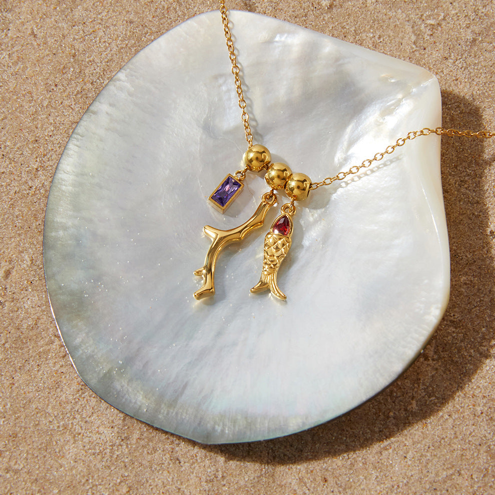 Minimalist Elegant Fish Shape Stainless Steel PVD Cubic Zirconia Pendant Necklace for Women