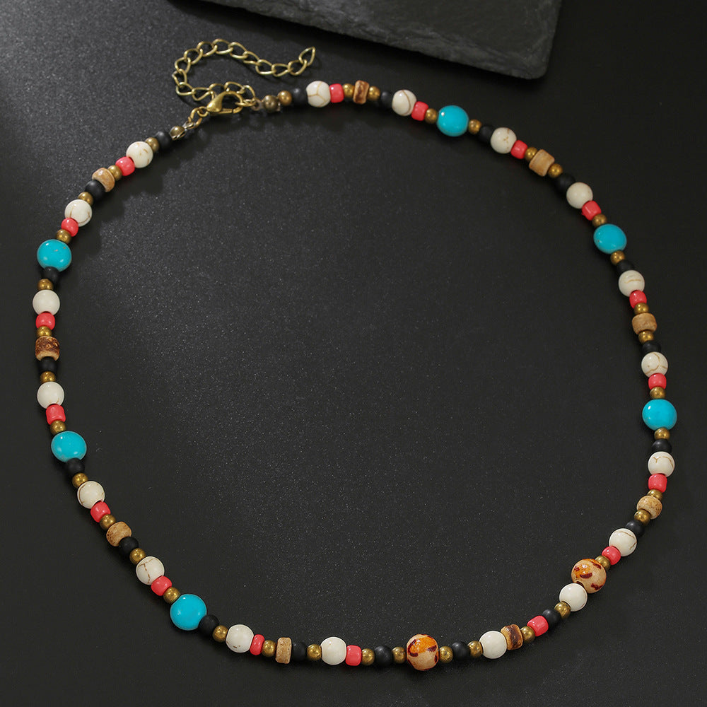 Bohemian Geometric Round Wood Turquoise Necklace Cable Chain Unisex