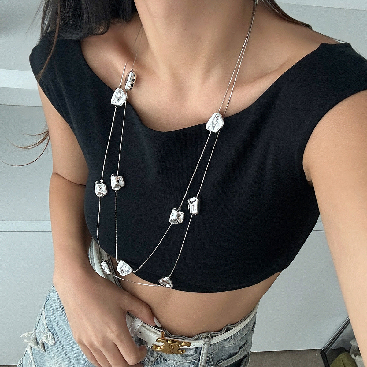 Collar con colgante geométrico vintage francés con cadena de cobre chapado y detalles de borlas para mujer