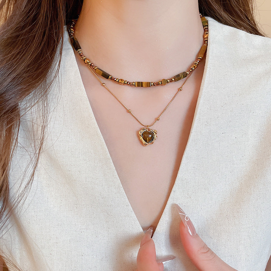 Collana con Ciondolo Vintage a Occhio di Tigre Geometrico Placcata Oro 18K Lunga per Maglione da Donna
