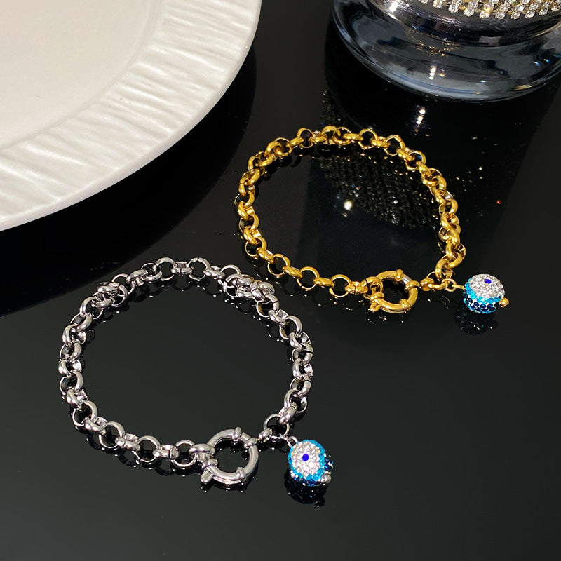 Luxury Rhinestone Inlaid Geometric Eye Cuban Link Chain Charm Bar Titanium Steel Bracelet