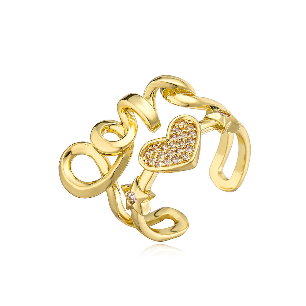 Anello aperto geometrico minimalista da donna in ottone placcato oro vero con zirconia micro-pavé