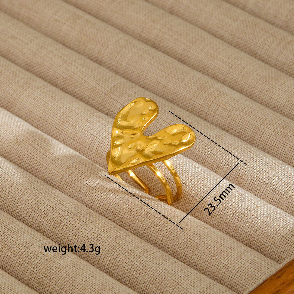 Anello aperto da donna in acciaio al titanio con forma geometrica e a cuore, stile INS, con finitura placcata
