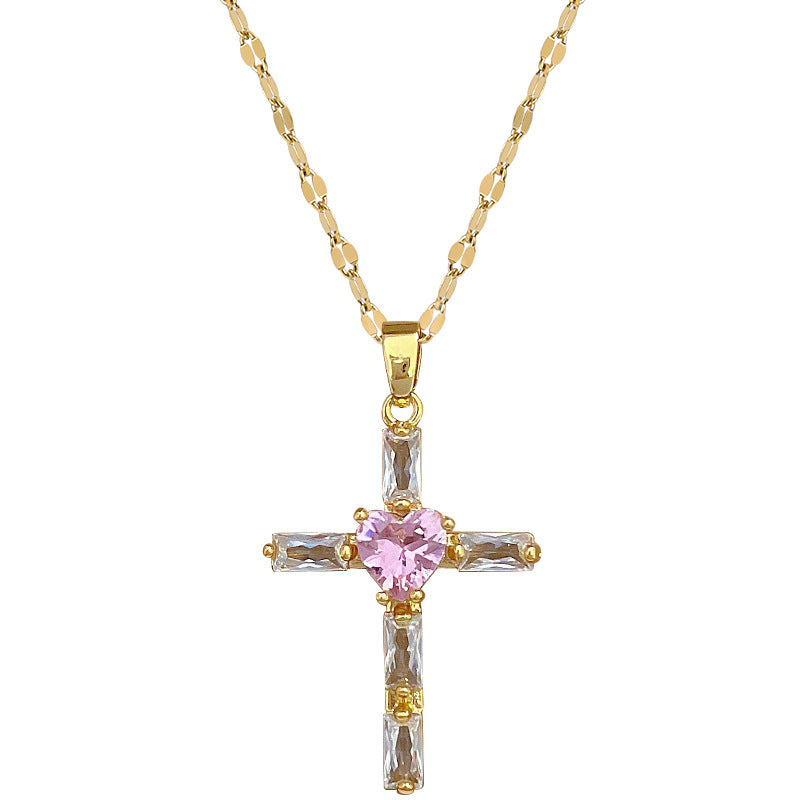 Collana di lusso rosa con croce in strass, girocollo in acciaio inossidabile e titanio, ciondolo a luna geometrico