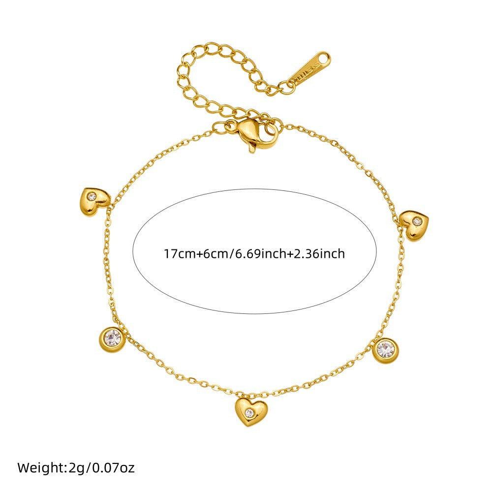 Minimalist Elegant Round Heart Rhinestone Inlay Gold Plated Stainless Steel Bracelet for Women