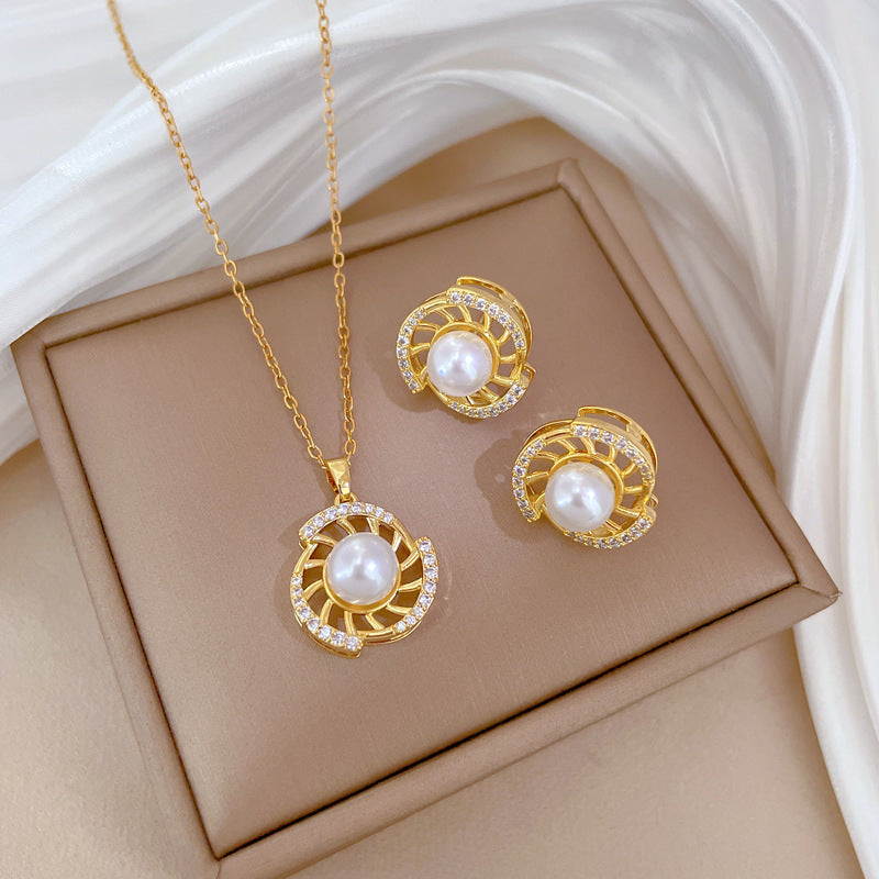 Luxury Fresh and Sweet Plated Brass Zircon Micro-Pave Earrings and Necklace Set