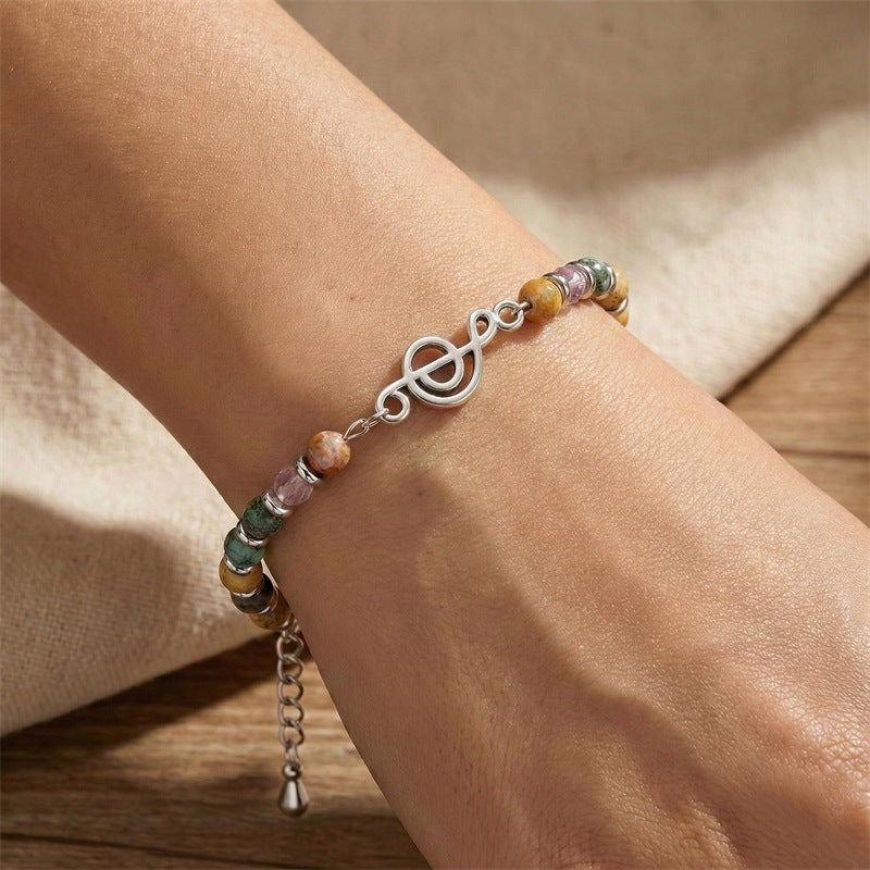 Elegant Geometric Round Crystal Turquoise Beaded Bracelet with Musical Note Pendant for Women