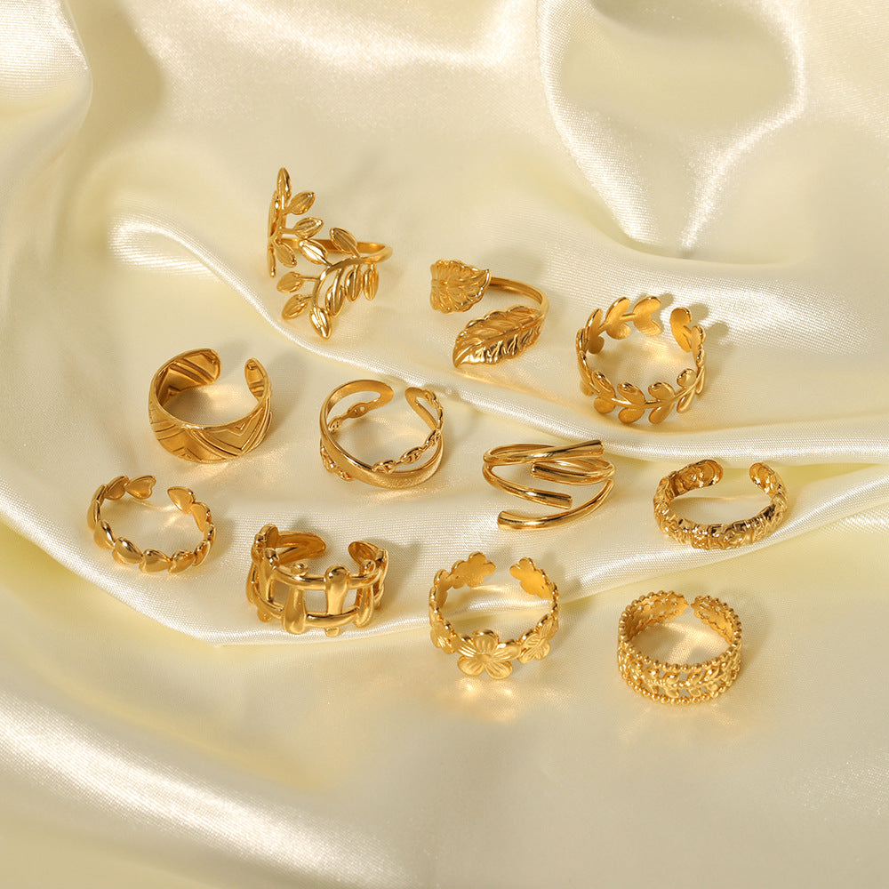 Minimalist Instagram Style Geometric Hollow Leaf and Floral Titanium Steel Ring with 18K Gold Plating for Women